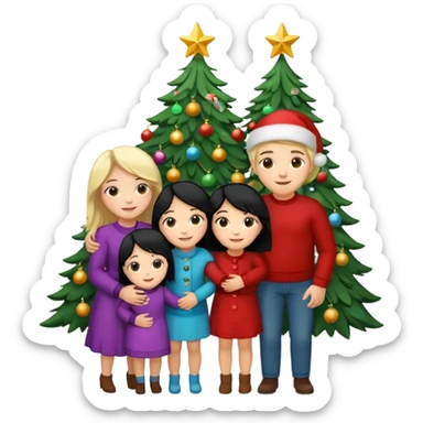 Generate Christmas-style emojis  family. Where light-skinned people stand near the tree all together, hugging and smiling.  girl should be Light-haired woman, woman, black-haired woman, and 1 man . Add 4 people: Mother, Sister, Sister, Brother  sticker