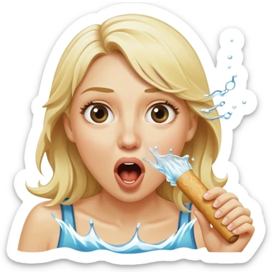 blond woman eating a wide stick the same color as her skin, with a bite taken out of the edge, water stream squirting directly from the stick into her open mouth, surprised expression sticker