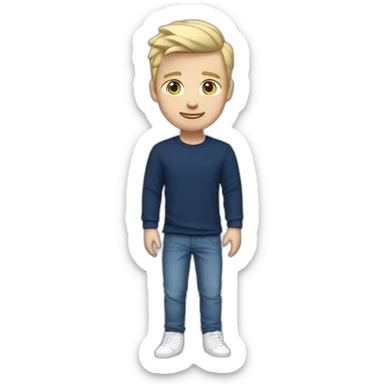 26 year old white British male with short blonde hair wearing a navy blue t-shirt, blue jeans and white sneakers sticker
