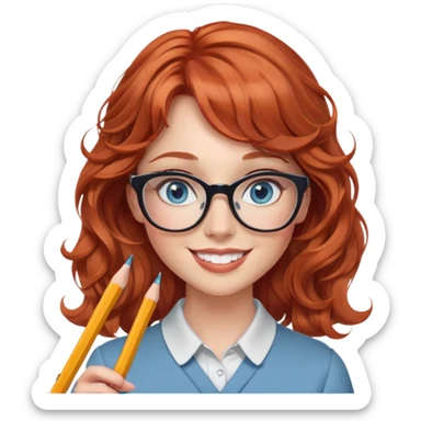 redheaded woman with wavy hair and bangs, blue eyes, glasses, chic outfit, holding a pencil, smiling sticker