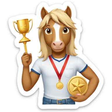 friendly anthropomorphised stallion in jeans and a t-shirt, holding a gold medal sticker