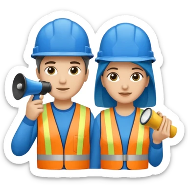 Duas pessoas com capacete de obras azul e um megafone na mão e camisa social cinza com faixas reflexivas verdes nos braços. Deve ser um homem e uma mulher. Os dois capacetes devem será azul escuro. sticker