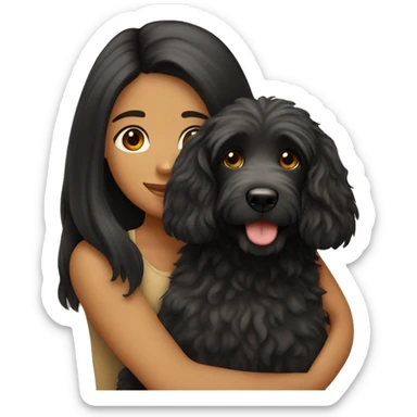 tan girl with long black hair hugging labradoodle sticker
