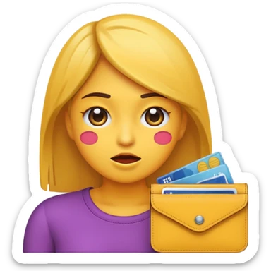 Emoji de chica muy desesperada, llorando, con ojos grandes y lágrimas, sosteniendo una billetera vacía al revés, estilo emoji minimalista, dramatismo exagerado, fondo transparente. sticker