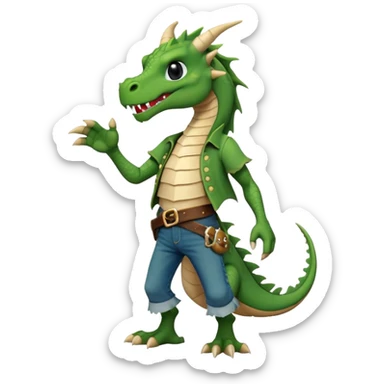 friendly anthropomorphised dragon in a band t-shirt and jeans with a pirate eye-patch walking upright, relaxed pose sticker