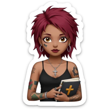 generate an ios genmoji of a girl with dark red messy hair with eyeliner on her eyes.  septum piercing, wearing a cami black top, has tattoos, on shoulders. ear piercings. wearing a cross silver necklace. Holding an overfilled sketchbook. dusky skin color. Holding redbull in the other hand sticker