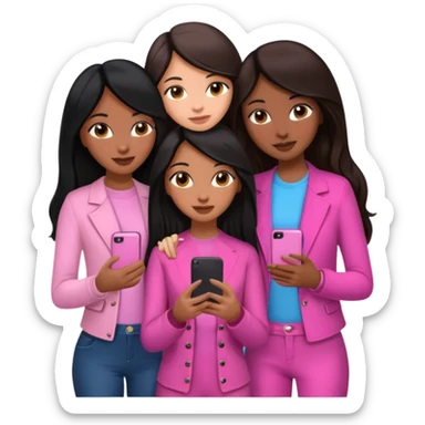 3 brown girl friends with a phone on their hand, one with black long hair light skin,  one with brown hair long and the other one with black with brown medium length hair . Wearing pink glammed up and hugging  sticker