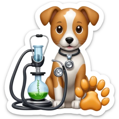 An icon featuring a stethoscope, a microscope, and an animal paw print, symbolizing veterinary science. The design includes a dog and a cat in the background, representing animal health research, diagnostics, and treatments. Transparent background highlights the scientific study of animal care. sticker