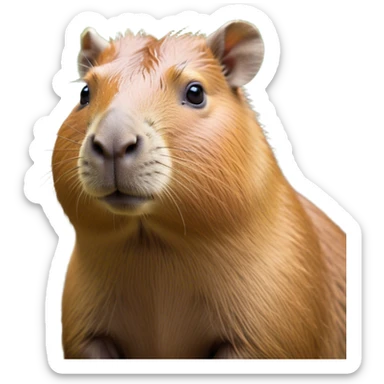 Cinematic Noble Capybara Portrait Emoji, Poised and serene, with a robust, rounded build and a characteristically broad, slightly flattened capybara face featuring a short snout and small, rounded ears, covered in soft, earthy fur with subtle natural texture and gentle, wise eyes; rendered in lifelike detail with natural light, high shine, intelligent and calm, styled with an air of understated authority, focused and attentive, soft glowing outline, capturing the essence of a watchful and confident capybara that appears ready to step out of the screen with effortless dignity! sticker