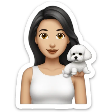 mujer piel blanca cabello negro con perro bichon blanco sticker