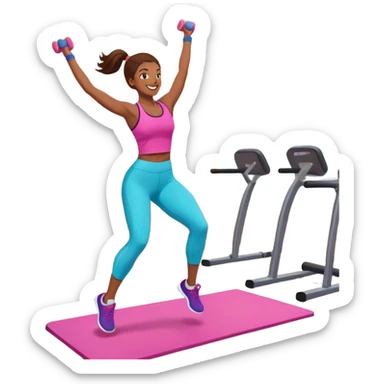 An energetic person performing an aerobics workout in a brightly lit gym, jumping and stretching with enthusiasm. The scene includes vibrant fitness equipment like dumbbells and exercise mats, with a background of cheerful, motivating colors, conveying energy and movement. sticker