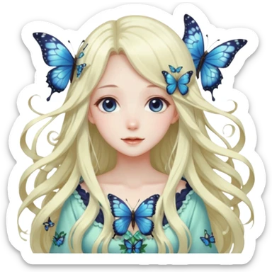 gorgeous shiny anime lady with butterflies and beautiful hair fairycore cottagecore high quality detailed sticker