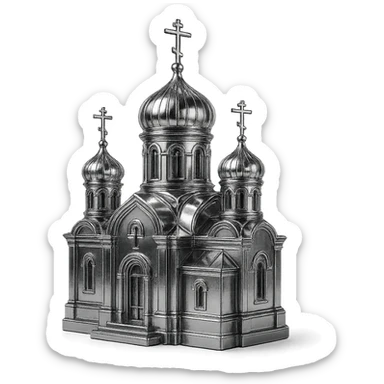 chrome style Orthodox church with domes and crosses, highly reflective and metallic sticker