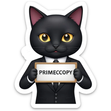 A black cat in a black business suit holds a sign that says "PrimeCopy" sticker
