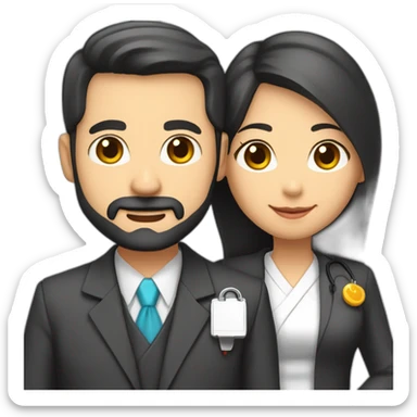 husband american 55 dark hair trimmed beard business suit pastor holding bible, wife asian age 55 black shoulder length hair wearing nurse, no children sticker