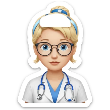 Blonde hair with two buns, blue eyes, stethoscope, and glasses sticker