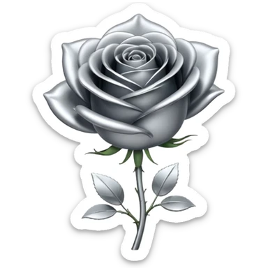 A rose emoji made of liquid silver metal, smooth metallic petals, reflective chrome surface, soft gradients, elegant shape, minimalistic iOS emoji style, centered, clean white background, realistic highlights, no text sticker