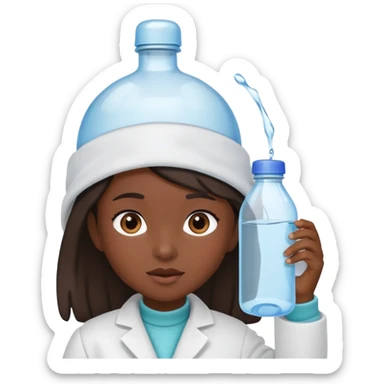 a young girl with dark skin, dressed a bit like a doctor, with a water bottle on her head sticker