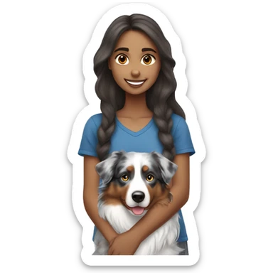 Girl with long brown hair holding blue merle Australian shepherd  sticker
