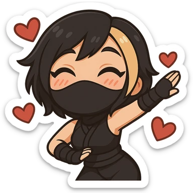 Create a chibi anime style ninja girl dancing to the right. Keep the same face, hair, mask, outfit, and hearts as the reference image. Change the pose so her body and arms are leaning to the right in a cute dance move. Transparent background, sized for Twitch emoji use. This is animation frame 2. sticker