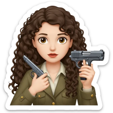 A brunette with long wavy, curly hair girl who is about to kill herself with a littlr gun pointed at her temple sticker