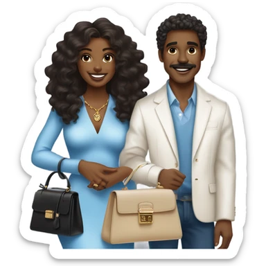 Brown Black woman in her mid-20s with blowout curls, wearing a white dress, holding a blue mini Hermes Kelly BAG, and a 7-carat ring. A White  man with blue eyes, dark grey hair, mustache, and an expensive watch, smiling at her.” sticker