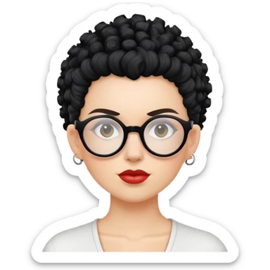 Mulher branca de cabelo moicano preto cacheado e óculos redondo sticker