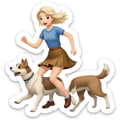 A beautiful girl with fair skin wearing a skirt happily chases the Alaskan dog sticker