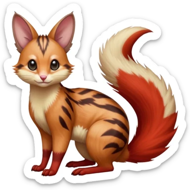 sanguine-red-streaked natural realistic divine beautiful elegant pretty precious cute young youthful  Fakémon-Pokémon-alien-opossum-squirrel-feline-serval-caracal-chinchilla-Minccino-hybrid-creature with a big fluffy bushy tail (full body) sticker