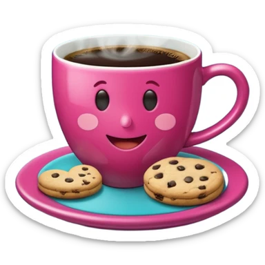 cup of coffee, steaming, the smoke should come out in the shape of a heart, the color of the cup is fuchsia, the cup has a happy face printed on it, the cup rests on a turquoise blue plate, and there are cookies and sugar cubes around the cup. sticker