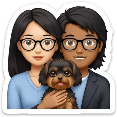 A couple holding a small Yorkshire Terrier together. The girl is Asian with long, luscious wavy black hair (loose, no hair tie). She is next to her boyfriend, a brown-skinned man wearing glasses with a korean haircut sticker