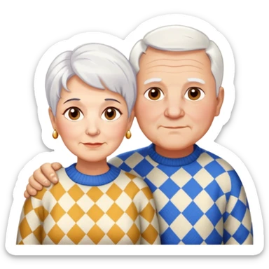 Una abuela italiana blanca de ojos marrones con cabello corto blanco y aretes de oro, junto a su esposo de ojos azules, abuelo de piel blanca italiano, el abuelo vestido de un suéter de cuadros, un poco gordo con pelo blanco corto calvo, sin nada de bigote  sticker