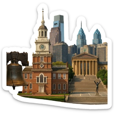 cinematic, realistic emoji of Philadelphia, wide city view featuring only real, iconic landmarks including the Liberty Bell, Independence Hall, Philadelphia Museum of Art with the Rocky Steps, and the city skyline, lifelike detail, accurate colors, bright daytime lighting, fully transparent background, no sky, no clouds, no imaginary or generic buildings sticker