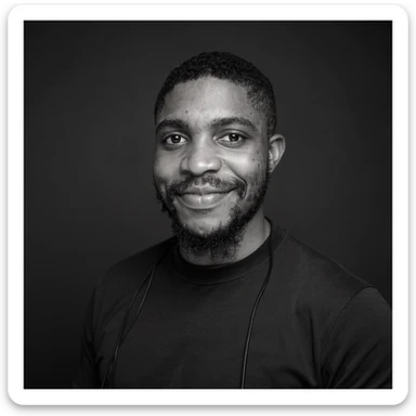 A professional portrait of me in monochrome. Plain black crew neck shirt. Tailored to LinkedIn. Tech boy vibe (programmer). I’m a black man from Nigeria. Retain facial features from attached image. sticker