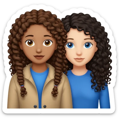 Two best friends .bestie 1: beige skin with brown long hair and blue eye. Bestie 2:mixed race skin with curly black hair and brown eye sticker