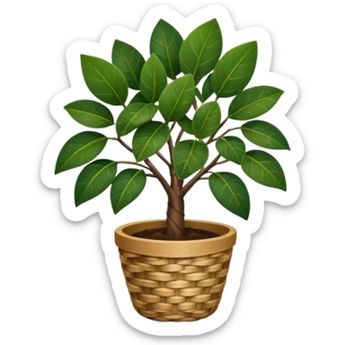 Elegant Rubber tree plant with dark coloured leaves in a woven basket pot sticker