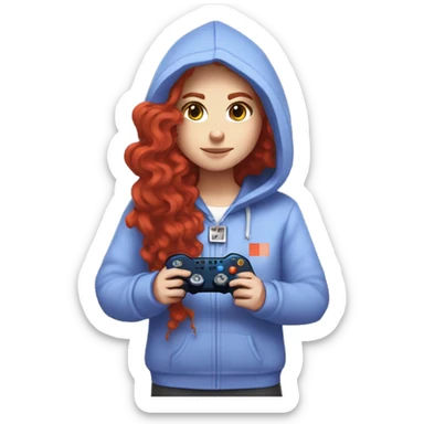 a white girl with long red curly hair, wearing periwinkle Minecraft hoodie holding a controller sticker