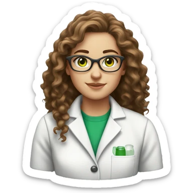 white girl with long brown curly hair and green eyes with glasses in a lab coat sticker