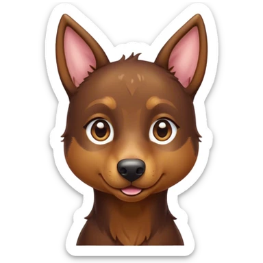 Cinematic Cute Brown and Tan Kelpie Portrait Emoji, Head tilted playfully and inquisitively, featuring a glossy brown Fur with vibrant tan accents, round, sparkling warm eyes filled with curiosity, Simplified yet irresistibly adorable features, highly detailed, glowing with a warm, friendly glow, high shine, affectionate and spirited, stylized with a touch of whimsy, bright and endearing, soft glowing outline, capturing the essence of a mischievous yet loving herder, so playful it feels like it could leap out of the screen and into your arms! sticker
