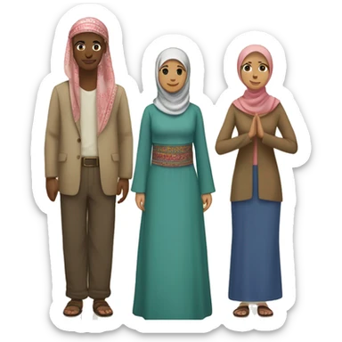 Five people of diverse ethnicities and cultures stand in a circle holding hands, each wearing traditional clothing from their country: a Muslim woman in a hijab,  Their varied skin tones sticker