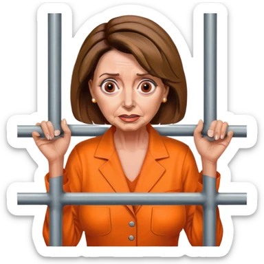 Make a picture of 'Nancy Pelosi' wearing an orange jumpsuit and behind bars make her look worried but only about herself sticker