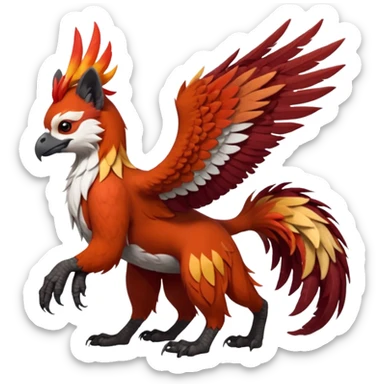 4-legged realistic digitigrade scaly winged long-big-beaked Gryphon-Griffin-Griffsnuff-Talonflame-Silvally-Braviary-Red-Panda-fusion-hybrid-animal-Fakémon-creature, full body, with a long thin tufted lion-tail, long tufted winged feathery ears sticker