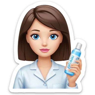 Barbie girl with makeup, blue eyes , and bob long haircut, short brown hair in white pajamas, face gel in hand sticker