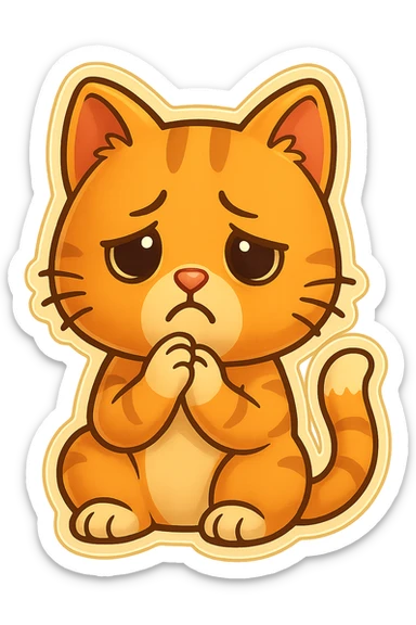 Bring the cat's paws up so they are touching each other just below the chin. Make the face look even sadder, with more expressive disappointment. Keep the style and transparent background. sticker