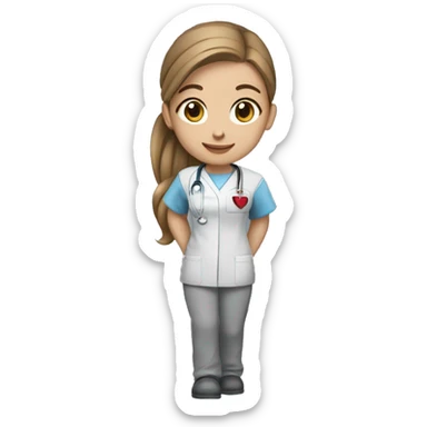 nursing student in a grey scrub with red accents on the sleeves with light skin, brown hair and ligth brown hair in a ponytail sticker