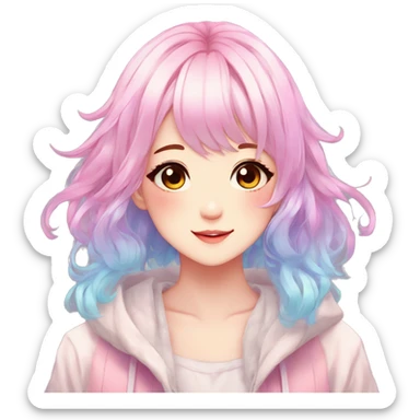 Gorgeous anime style shojo character with blushing face aesthetic and pretty colorful shiny gradient pastel hair with hair garment trending style sticker