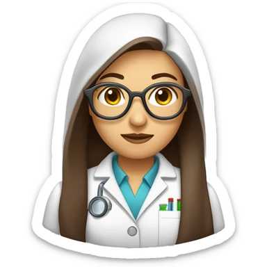 Female scientist emoji with long straight brown hair, round glasses, and a lab coat, facing forward like the original scientist emoji 👩🏻‍🔬 sticker