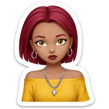 generate a pretty bratz girl in , dark brown eyes. Dark red hair straight long. wearing a yellow oversized tee falling off her shoulder, dainty silver necklace, silver hoops, septum piercings. big eyeliner sticker