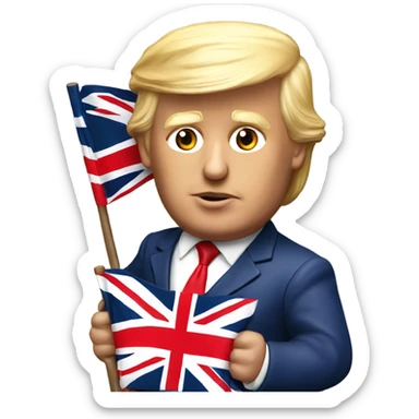 Hyper super realistic Donald Trump holding a british flag sticker