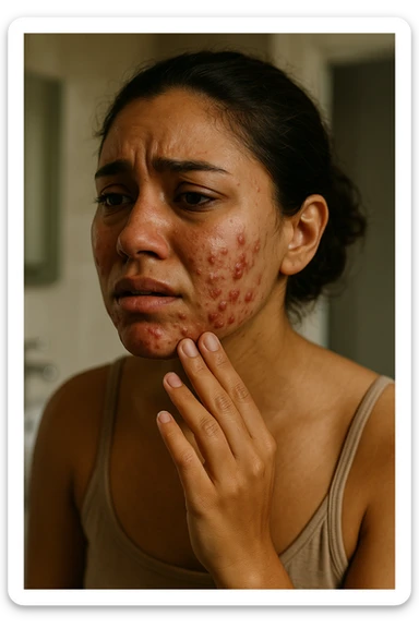 A highly realistic, cinematic portrait of a young woman in her late 20s with medium skin tone, showing visibly inflamed, deep cystic acne along her jawline, cheeks, and chin. Her skin appears red and irritated around the acne nodules, with noticeable swelling and tenderness, illustrating the painful nature of cystic acne linked to PCOS. Her facial expression shows discomfort and emotional distress, with slightly teary eyes as she gently touches an inflamed area on her jawline with her fingertips. Her hair is pulled back to clearly show the acne areas, and her skin has a slightly oily texture due to androgen-related sebum overproduction. The environment is a softly lit bathroom with neutral daylight, emphasizing the skin texture, redness, and deep acne. The style is realistic, 35mm cinematic photography with warm, neutral tones, soft shadows, and clear skin detail, providing a compassionate yet direct visualization of PCOS-related cystic acne sticker
